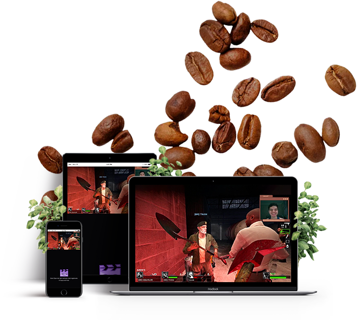 Telas de dispositivos mostrando imagens da live do Cybis Café.